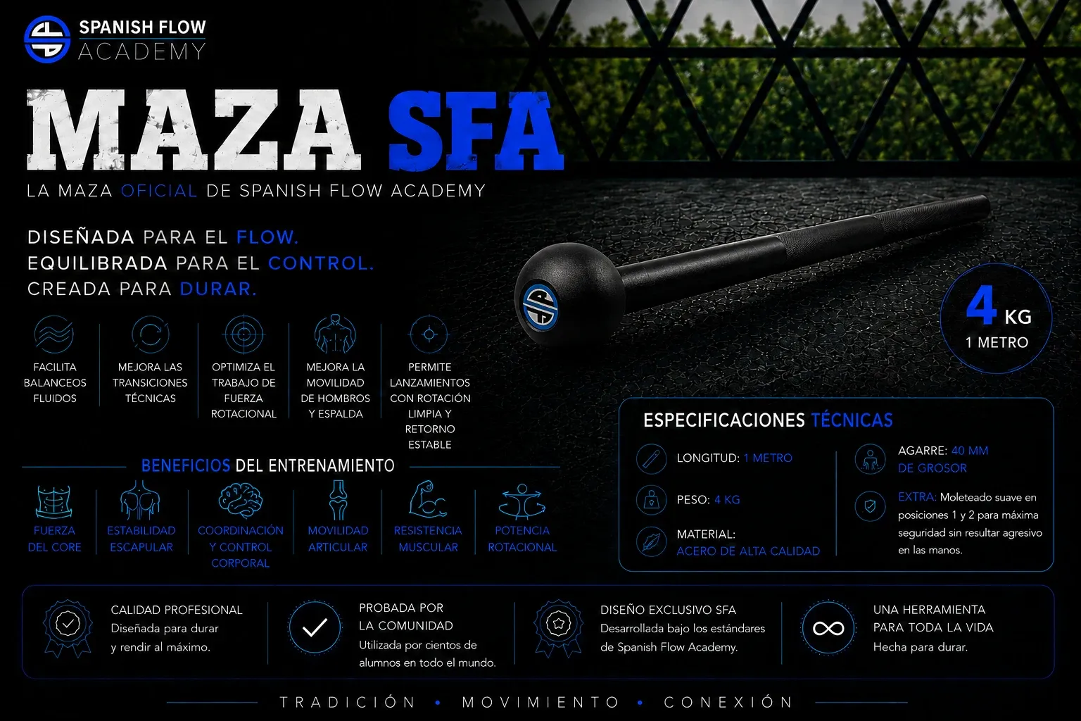 Infografía de la Maza SFA: 4 kg, 1 metro, acero de alta calidad, agarre moleteado de 40 mm, con sus beneficios de entrenamiento